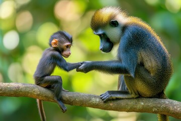 Adult and baby monkey holding hands on a tree branch in a lush green forest.