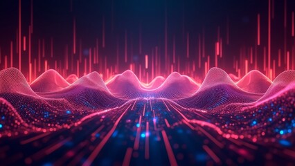 Futuristic neon-lit digital landscape with glowing data streams, pink particle waves, and vertical light bars on dark background