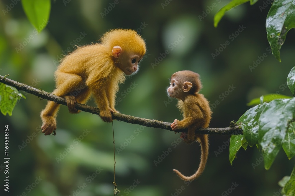 Poster two adorable golden monkey infants perched on a tree branch in a lush green forest, looking at each 