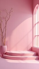 Minimal pink interior with curved podium steps, arched window, and decorative bare branch plant in modern sunlight setting