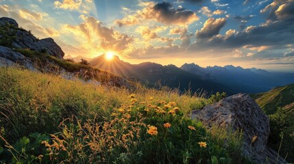 Majestic Mountain Sunset With Wildflowers Blooming