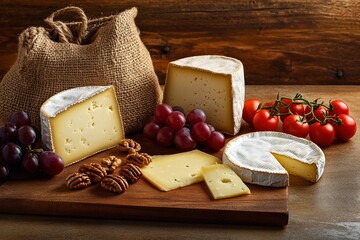 Artful arrangement of gourmet cheeses, fresh fruits, and nuts on a rustic wooden board