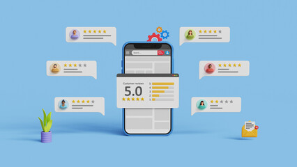 Customer feedback, user experience, client rating or review. Online survey and opinion, evaluation, product and services feedback concept. 3D mobile screen with 5 stars rating and users comments
