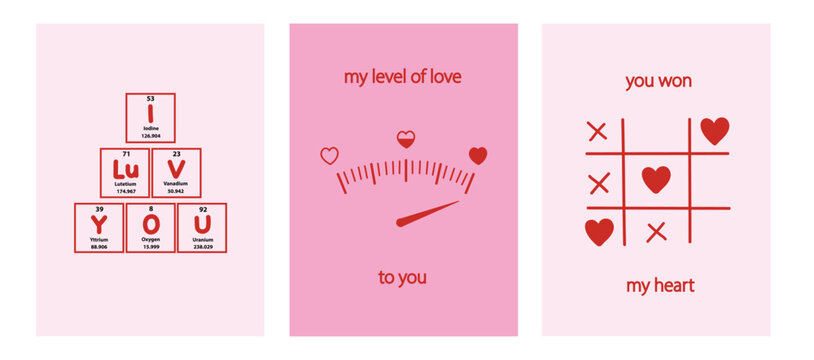 Creative greeting valentines day card. Tic-Tac-Toe, periodic table , speedometer concept. Pink, red, heart. Love, couple, cute banner modern design. Vector illustration