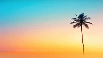   A solitary palm tree stands out in an orange, blue, pink sunset on a water horizon