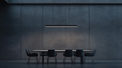 Modern minimalist dining room, concrete wall, pendant light, evening.
