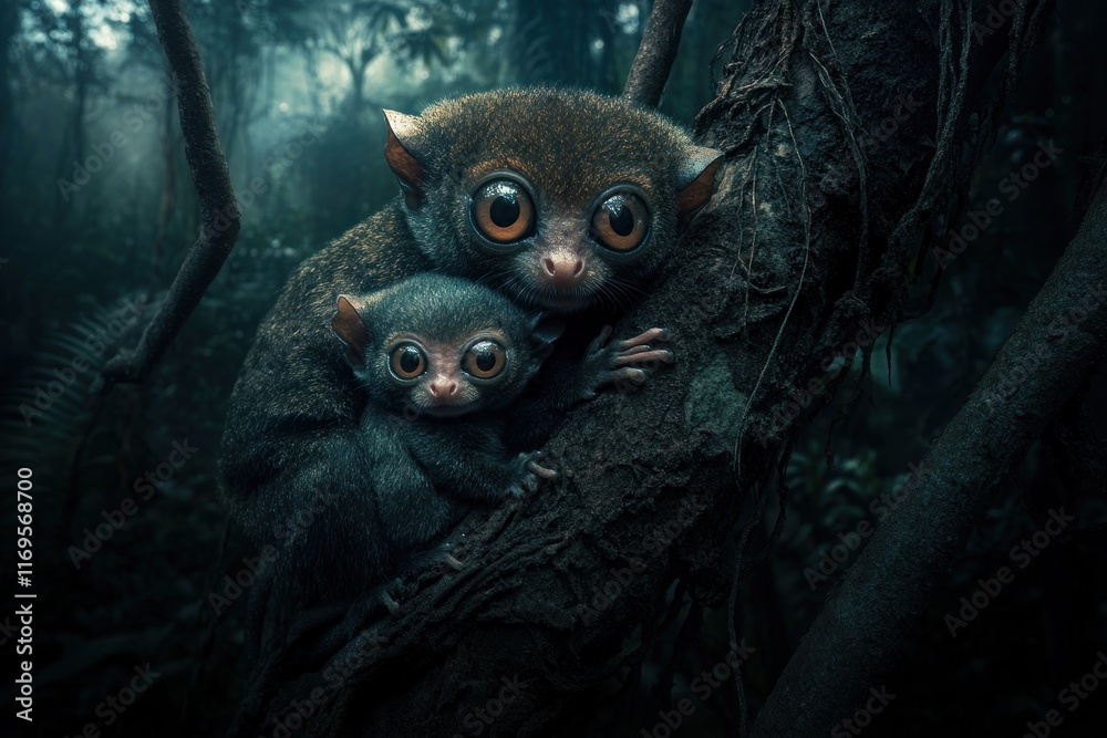 Poster two tarsiers clinging to a tree trunk in a dark rainforest.