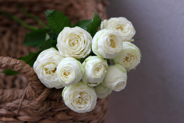 White roses in the brown wicker basket