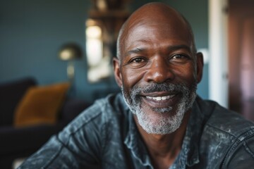Fototapeta premium Portrait of African American man smiling and communicating in sign language in a living room