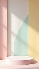 Geometric podium in pastel room with round platform, light shadows on colored wall panels, and natural sunlight highlighting minimal setup