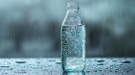 Water bottle on rainy windowsill, refreshing drink.
