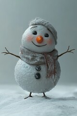 Obraz premium A cheerful snowman with a carrot nose, wearing a cozy scarf and hat, stands on a snowy surface with arms outstretched