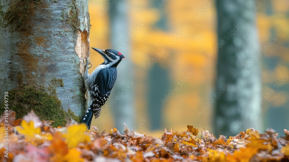 Poster white-backed woodpecker foraging on a tree trunk in an autumnal forest.