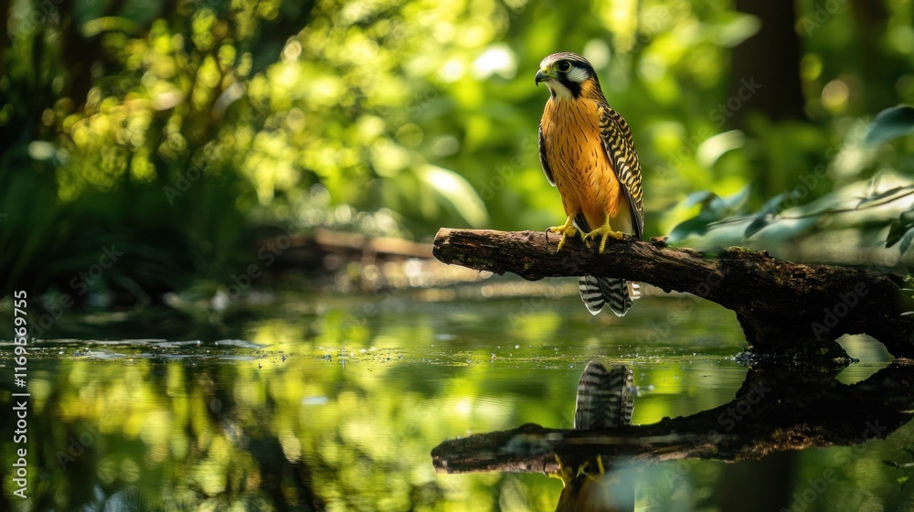 Poster a vibrant kestrel perched on a branch over calm water, its reflection visible. lush green foliage fo