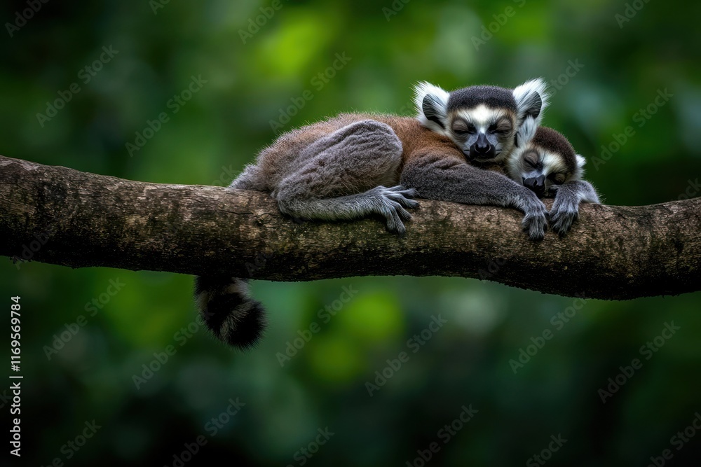 Poster two ring-tailed lemurs cuddling and sleeping on a tree branch.