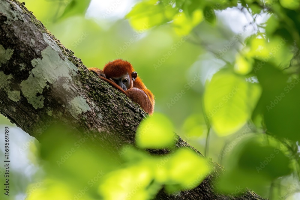 Poster red titi monkey resting on a tree branch in lush green foliage.