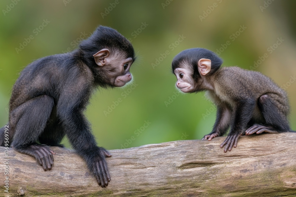 Poster two adorable baby monkeys face each other on a tree branch.