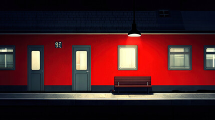   A red building with two doors stands in front of a bench at night, featuring a number on its side