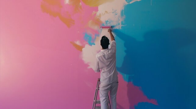 Artist Creating a Colorful Mural with Passion and Creativity. Generative ai