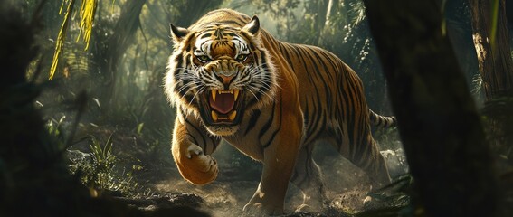 Roaring tiger charging through lush jungle.