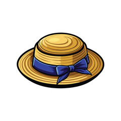 Illustration of a straw boater hat with a navy blue ribbon tied in a bow.