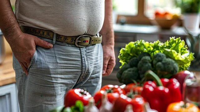 A person stands near fresh vegetables, emphasizing the importance of nutrition in addressing obesity. This highlights a holistic approach involving therapy and healthy eating practices.
