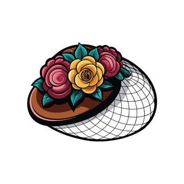 A stylish pillbox hat with a small veil and floral embellishments.