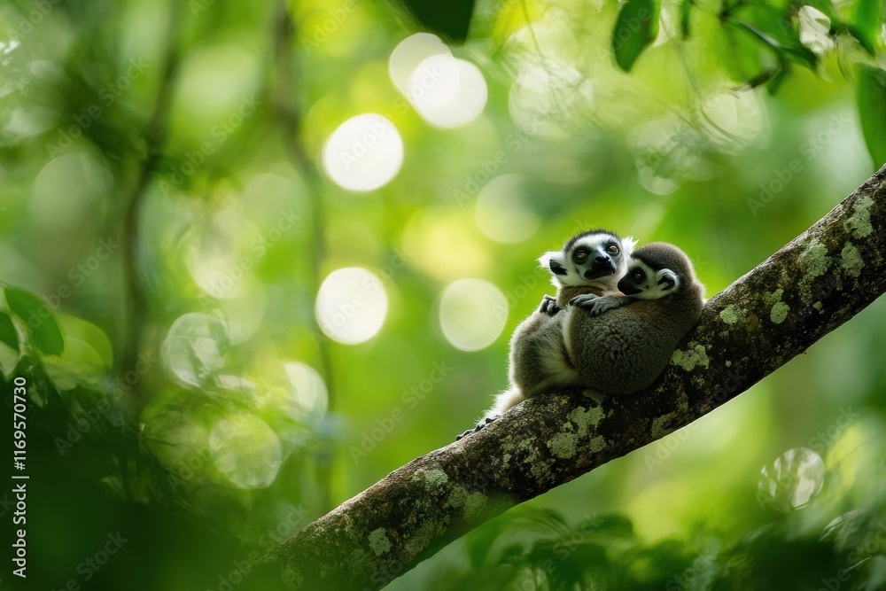 Poster two ring-tailed lemur infants cuddling on a tree branch in a lush green forest.