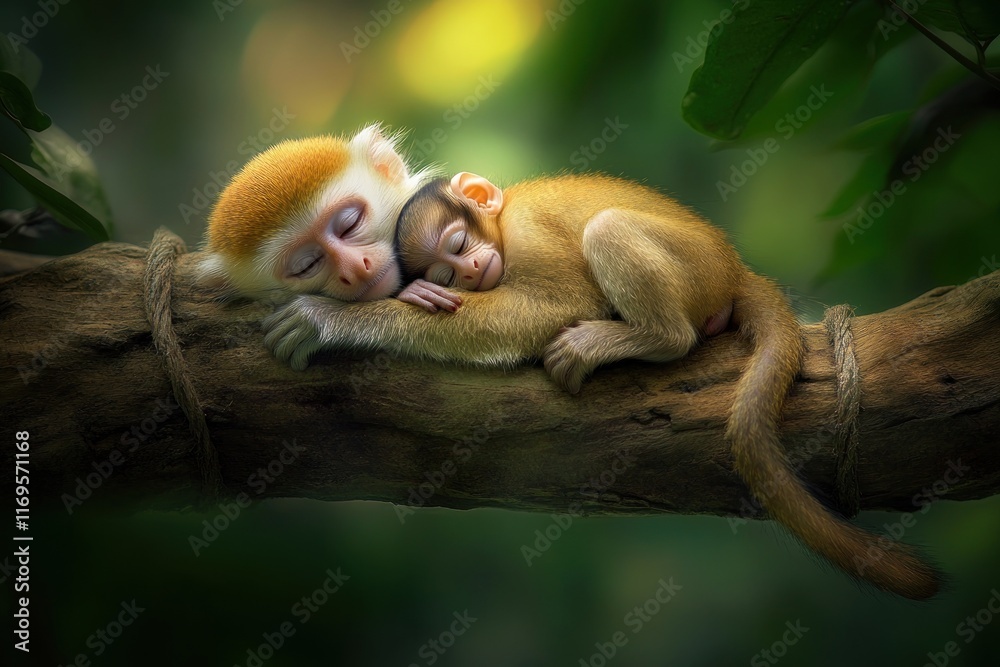 Aufkleber two monkeys cuddling and sleeping on a tree branch.
