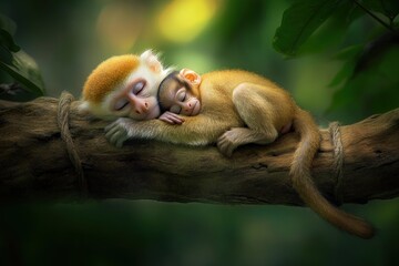 Two monkeys cuddling and sleeping on a tree branch.