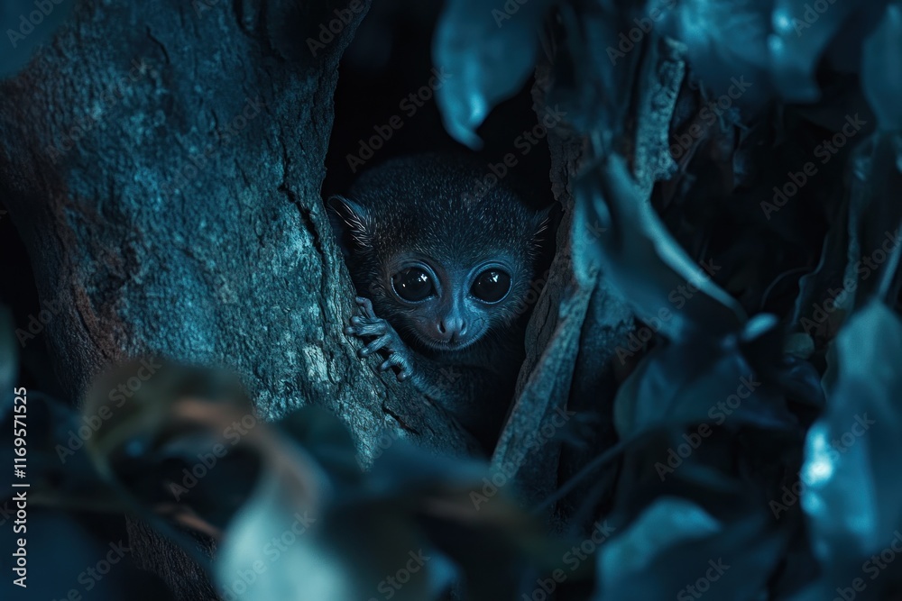 Poster a small primate with large eyes peeks out from a tree hollow at night.