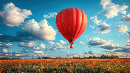 Obraz premium Large red hot air balloon soaring over blue, cloudy sky with tall grass and wildflowers below
