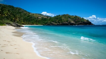 Fototapeta premium A peaceful beach with crystal clear turquoise water and gentle waves lapping the shore 