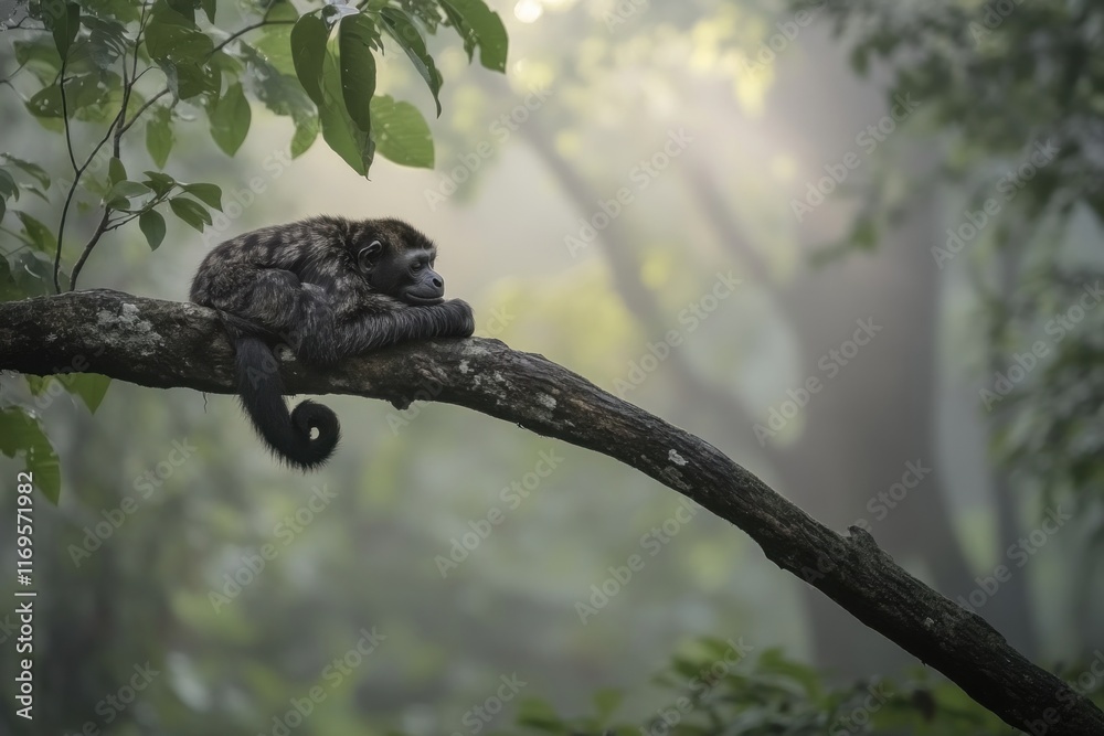 Poster A small monkey rests on a tree branch in a misty forest.