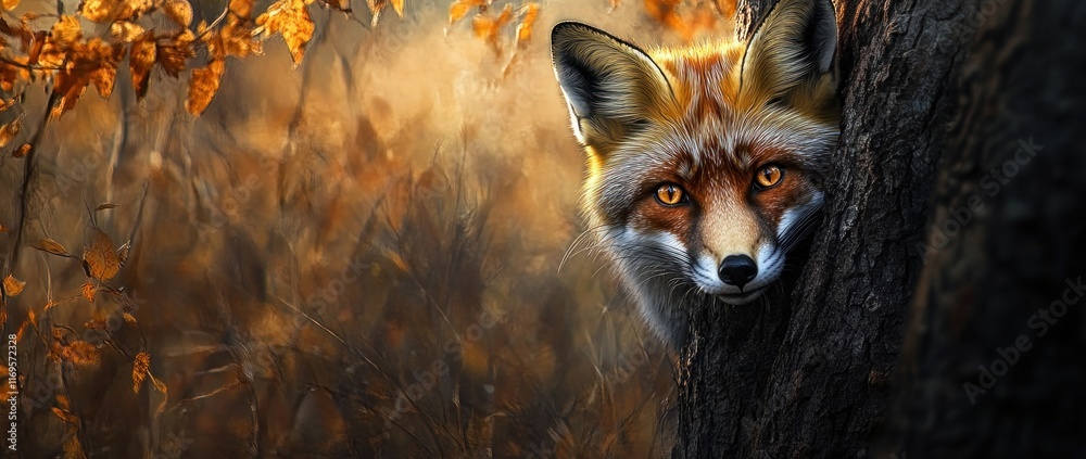Aufkleber red fox peering from behind a tree in autumnal forest.