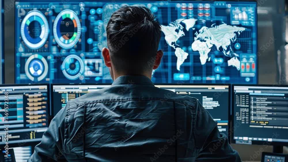 Fototapete In a high-tech control room, an individual analyzes global data trends using multiple screens. The display shows interactive maps and various analytical tools.