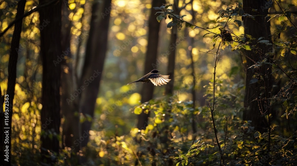 Poster a small bird in flight through a sunlit forest.
