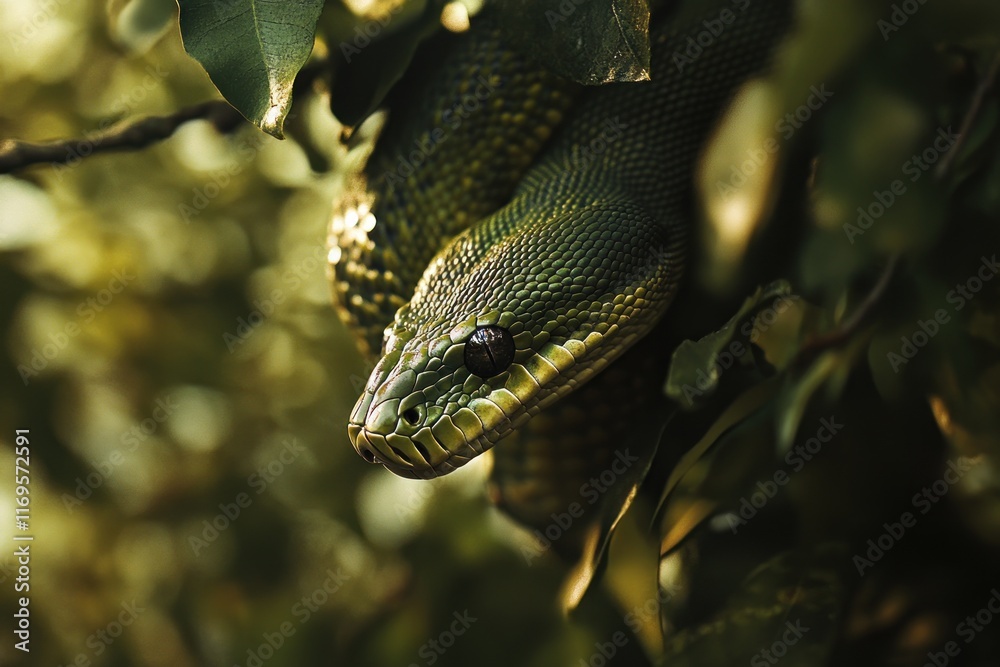 Poster green tree python coiled around branches, camouflaged in lush foliage.