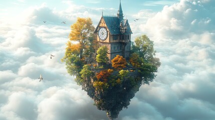 A whimsical floating clock tower surrounded by vibrant trees and clouds.