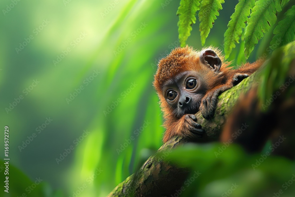 Poster adorable baby monkey resting on a tree branch in a lush green rainforest.
