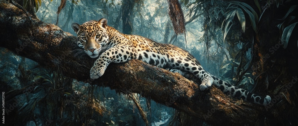 Poster young jaguar resting on a tree branch in a lush rainforest.