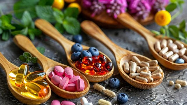 Vibrant supplements are arranged in wooden spoons on a rustic surface, showcasing a variety of shapes and colors. Fresh berries and herbs add a natural touch to the nutraceutical display.
