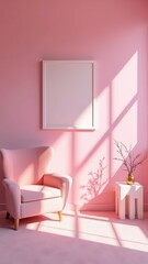 Minimalist pink interior with soft chair, framed artwork, and plant in sunlit room
