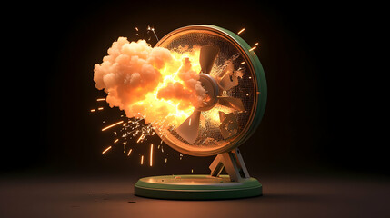 Exploding desk fan with sparks and smoke.