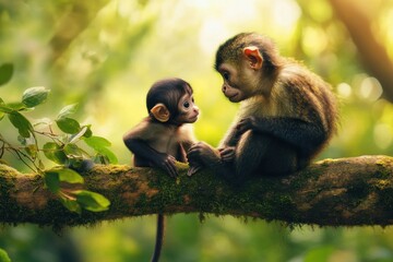 Two monkeys, a young and an adult, sitting on a mossy tree branch in a lush green forest, looking at each other.