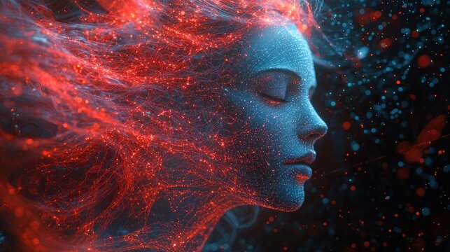 Woman with fiery red hair in space with glowing particles.