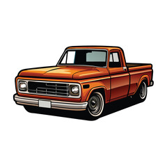 A vector illustration of a classic 1970s pickup truck with a brown body, black grille and wheels, and a white background.