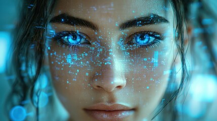 Woman with glowing digital data overlay on face, closeup, tech background