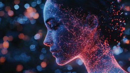 Woman's digital face, glowing lines, bokeh background, AI concept.
