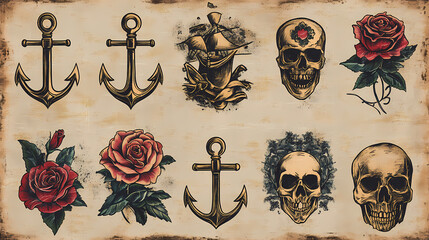 Vintage-inspired tattoo design sheets featuring iconic motifs like anchors, roses, and skulls, rendered in bold lines and vibrant colors on aged, distressed paper backgrounds. Seafarer. Illustration